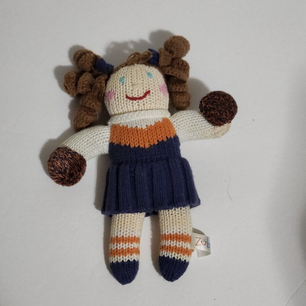 Zubels Cheerleader Sock Knit Doll Rattle Orange Blue Baby Toy Brown Hair 7"